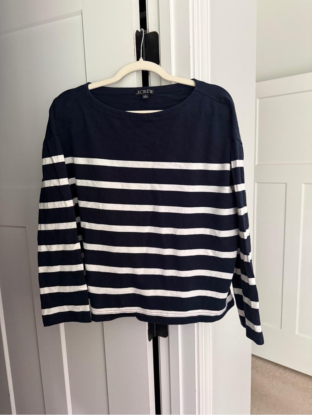 J. Crew navy white stripe boat neck long sleeve top